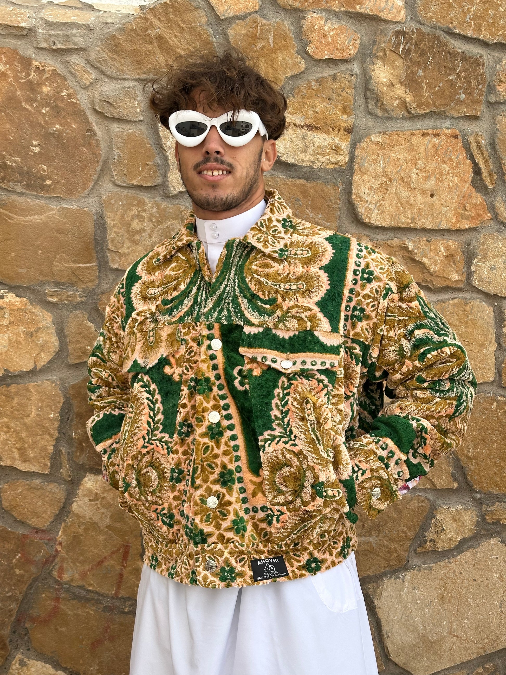 Moroccan hand made Green  with unique design carpet Jacket UNISEX
