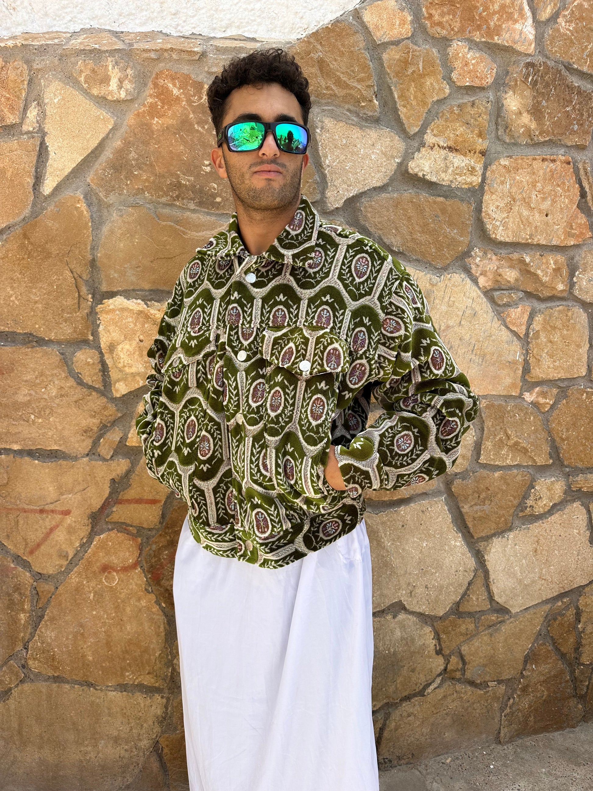 Moroccan hand made light Green  with unique design carpet Jacket UNISEX